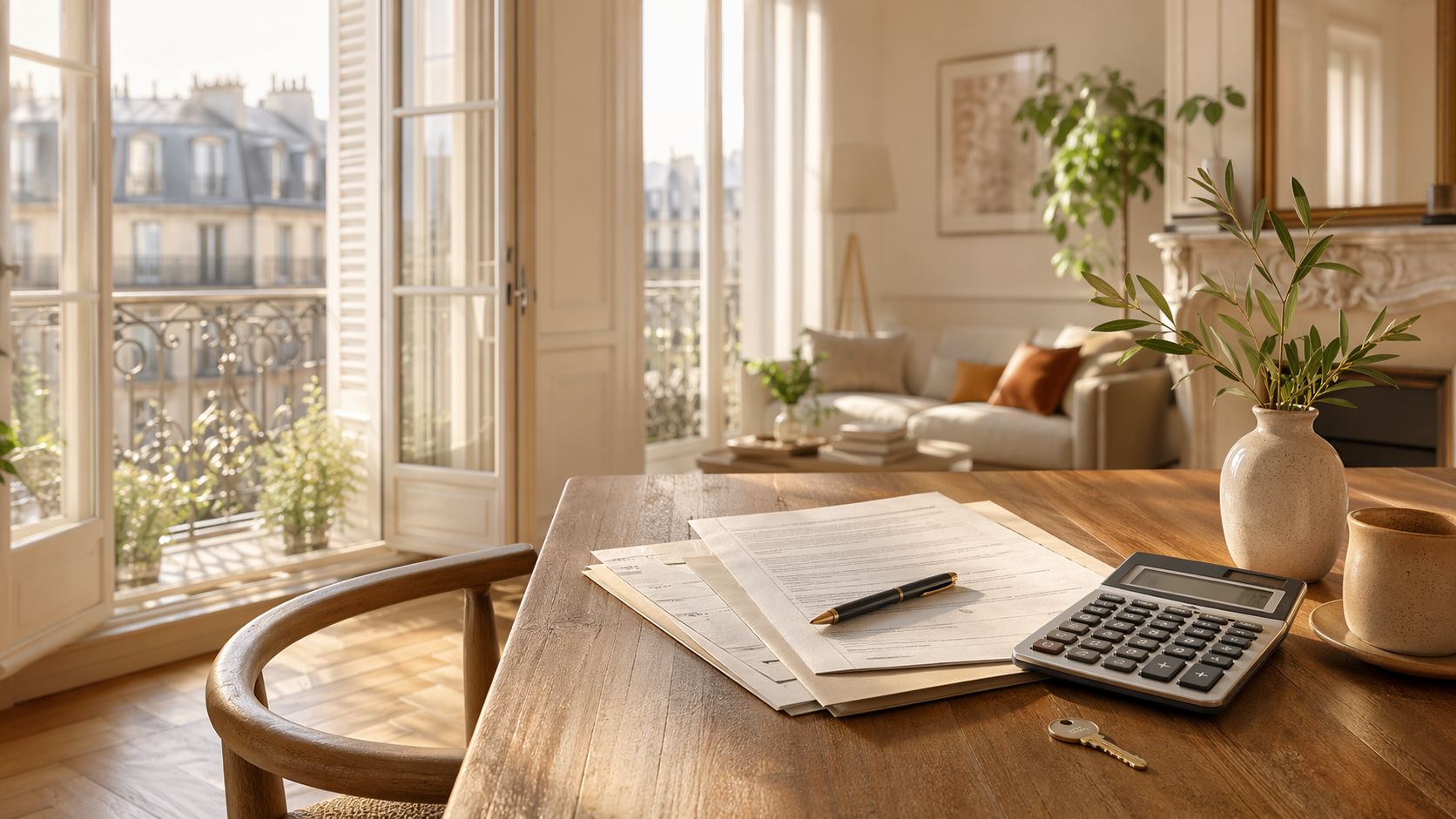 Appartement lumineux avec documents, calculatrice et clé sur une table